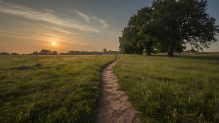 Obraz premium A lone path stretching into the distance through a meadow