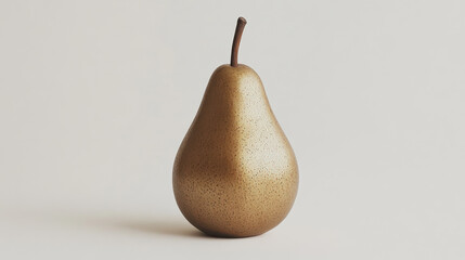 A stunning golden pear with a matte finish and a delicate texture, light flecks of natural brown at the top near the stem, standing upright on a clean white background
