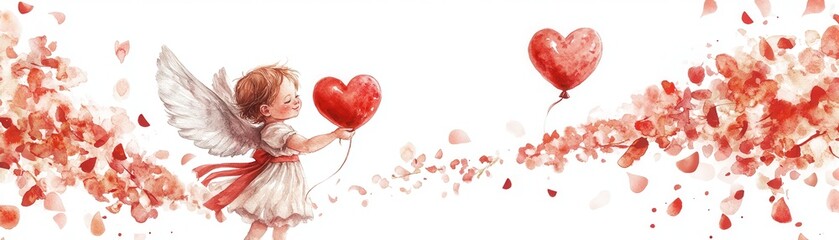 Fototapeta premium Cute Cupid Holding Heart Balloon Surrounded by Flowers in Soft Pastel Colors, Perfect for Valentine's Day or Romantic Themes, White Background