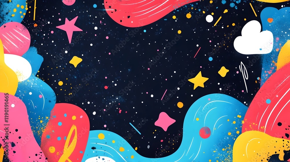 Poster vibrant and whimsical background featuring abstract gradients playful patterns and cheerful floating
