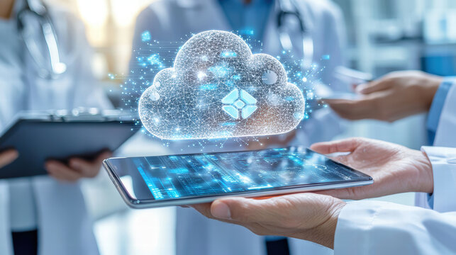 Transforming healthcare through digital innovation, showcasing cloud symbol over tablet in medical setting. This highlights integration of technology in healthcare