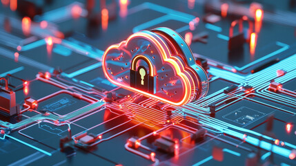 Fototapeta premium futuristic representation of secure cloud network with glowing elements, showcasing advanced technology and data protection. vibrant colors and intricate design evoke sense of innovation and