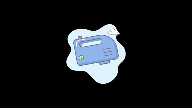 A cartoon representation of a blue toaster on a simple background with clouds.