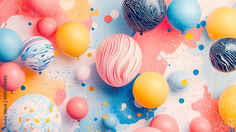 Poster a dynamic and cheerful arrangement of brightly colored party balloons with whimsical patterns soft g