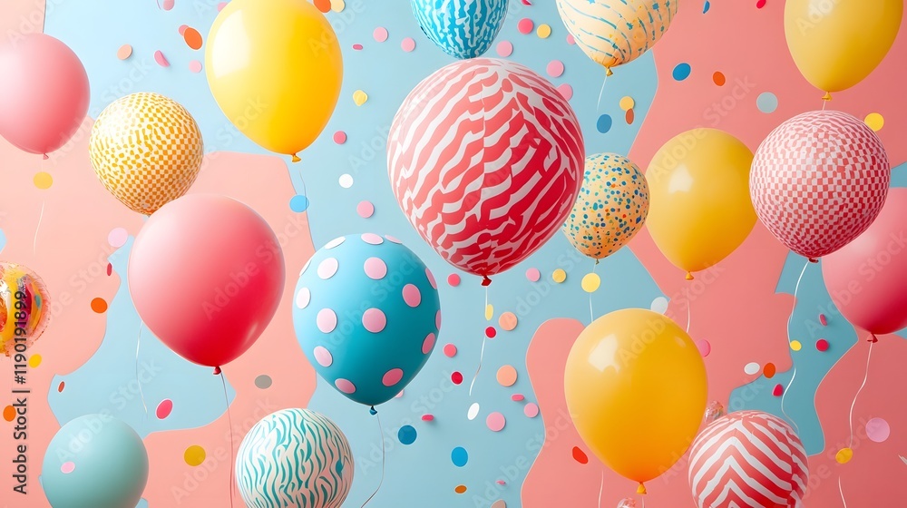 Poster colorful and dynamic party balloons with a variety of playful patterns gradients and soft tones floa