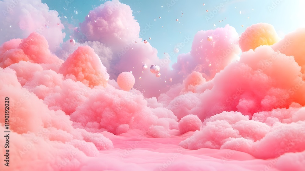 Poster vibrant pastel gradient composition with soft fluffy textures and playful creative fantasy elements 