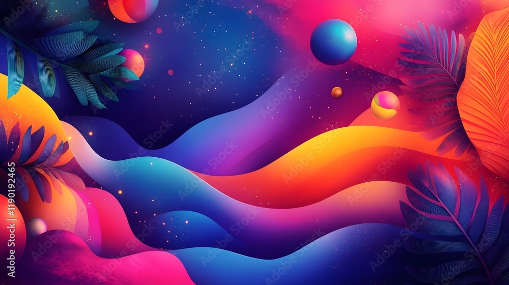 Poster visually striking and captivating digital showcasing a dynamic colorful and surreal fantasy landscap