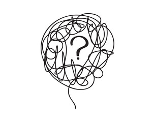 confused thoughts tangle bubble with question mark doodle hand drawn icon. Outline drawing psychological concept of problem solving knot