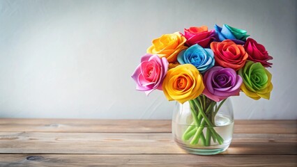 A vibrant arrangement of colorful paper roses in a delicate glass vase on a minimalist wooden table against a soft white background , spring decor, home decor