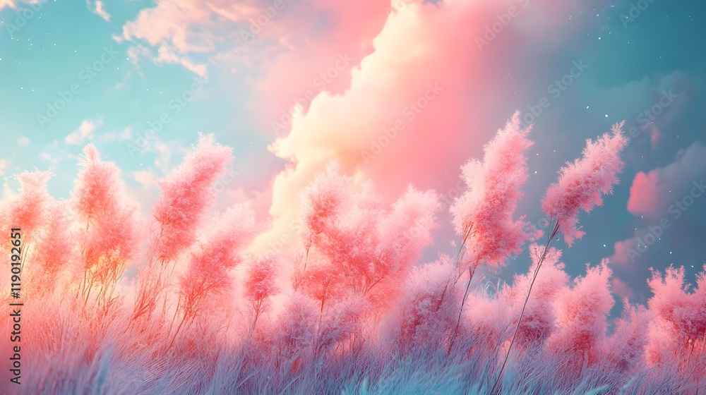 Poster mesmerizing pastel gradient landscape with soft fluffy textures and a whimsical fantasy inspired cha