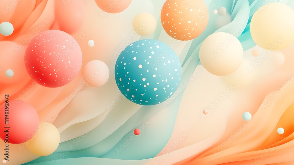Poster elegant and whimsical floating balloons with soft gradients and cheerful dynamic patterns in a compo