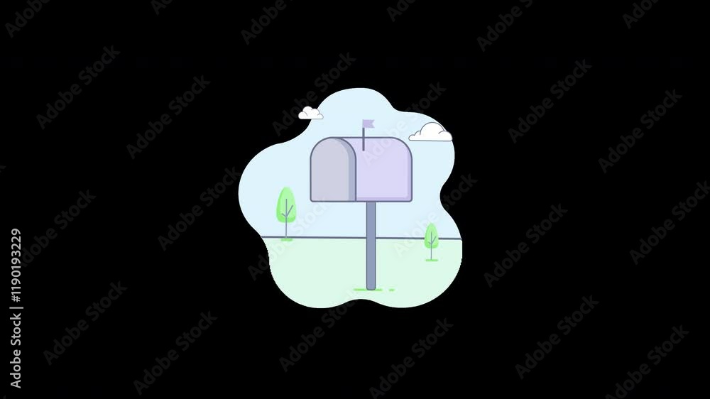 Poster a simple illustration of a mailbox in a serene environment with trees and clouds.