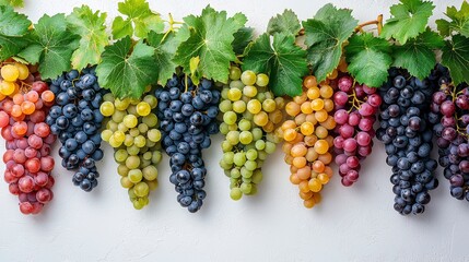 Rainbow of grape varieties hanging on vines, showcasing diverse colors and textures.