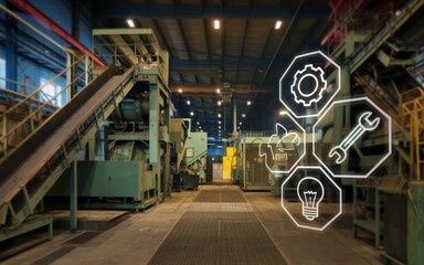 Obraz premium Industrial Factory Interior Showing Machinery and Safety Icons