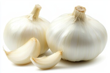 Two whole garlic bulbs and a half bulb are displayed, showcasing their natural texture and form, emphasizing their culinary significance.