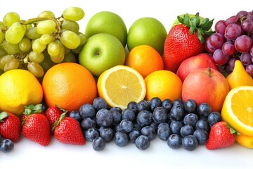 A colorful assortment of various fruits and vegetables neatly arranged in a row, showcasing their vibrant colors and diverse shapes.