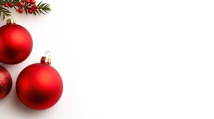Red Christmas baubles on white background with pine branch