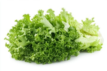 A fresh pile of crisp lettuce arranged neatly on a clean white surface, showcasing its vibrant green color and healthy appeal.