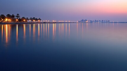 Fototapeta premium Tranquil Coastal Cityscape at Dusk with Beautiful Reflections on Calm Water.
