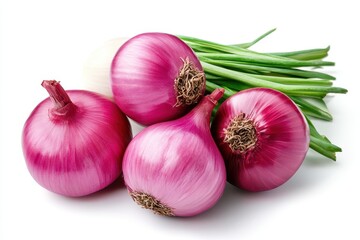 Three onions and green onions are arranged neatly on a clean white surface, showcasing their fresh and vibrant appearance.