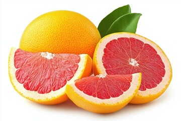 Three grapefruits are halved, showcasing their juicy interiors, while one grapefruit stands out with a vibrant orange hue.