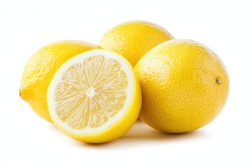 Three lemons are halved, showcasing their vibrant yellow interior, while one lemon remains partially cut, emphasizing freshness and citrus appeal.
