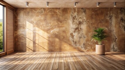 Sunlit Room with Textured Wall and Wooden Floor, Featuring a Potted Plant