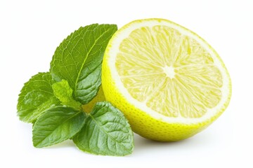 A fresh lemon accompanied by vibrant mint leaves rests elegantly on a clean white surface, showcasing a refreshing and appetizing display.