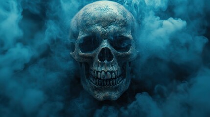 Human skull engulfed in blue smoke.