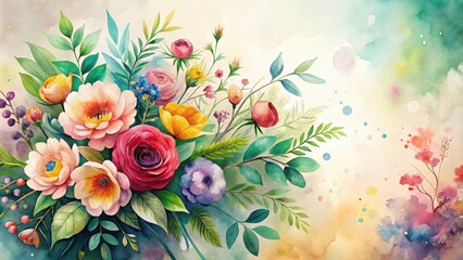 Vibrant Watercolor Floral Arrangement Featuring a Diverse Array of Blossoms and Lush Greenery, Ideal for Home Decor or Artistic Inspiration