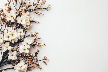 A delicate white flower features vibrant orange centers, beautifully contrasting against a pure white background, showcasing nature's elegance.