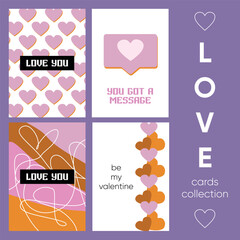 Collection of cute minimalistic love cards with elements showing love. Hearts, pink and white colors. Modern design for print