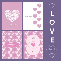 Collection of cute minimalistic love cards with elements showing love. Hearts, pink and white colors. Modern design for print
