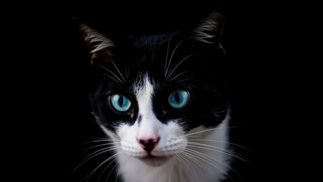 Beautiful black and white cat portrait with cute eyes and whiskers