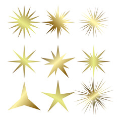 A set of nine unique golden starburst shapes, varying in size, style, and intensity. The designs range from minimal three-point stars to intricate, multi-point bursts with fine details.