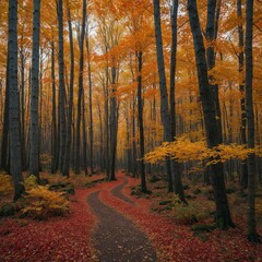 Fototapeta premium Autumn Forest: A dense forest with tall trees whose leaves are ablaze in shades of red, orange, and yellow, with a narrow dirt path covered in fallen leaves.