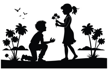 Silhouettes of a man proposing to a woman