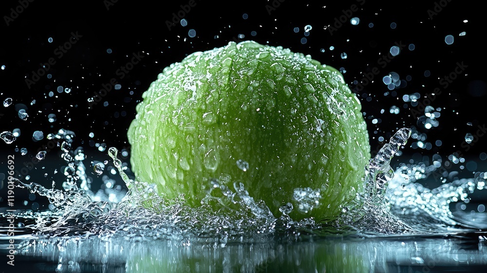 Poster vibrant green lime splashing into water: a dynamic and refreshing image