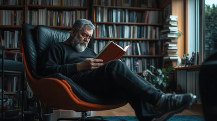 A man reading a book in a cozy home library