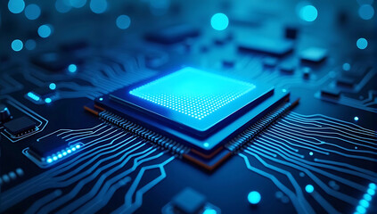 Glowing blue circuit network with an AI microchip at its center, representing advanced technological development in artificial intelligence and data processing