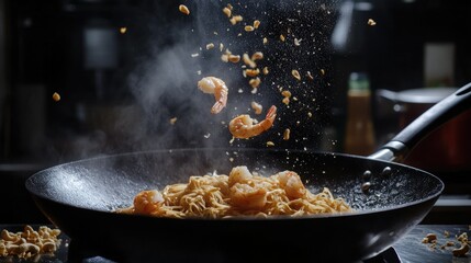 A dramatic shot of stir-fried noodles, shrimp, and crushed peanuts flipping above a wok pan, set against a dimly lit kitchen