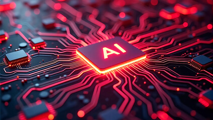 Vibrant red AI microchip glowing amidst intricate circuit lines, representing the power of artificial intelligence and machine learning in technological advancements
