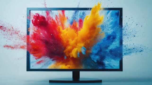 A television with colorful business icon exploding on the screen, white background,