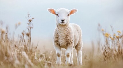 Fototapeta premium Cute Lamb Standing Tall in Soft Field Background