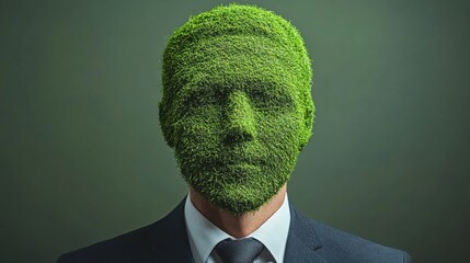 Human Face Covered with Green Grass in Formal Suit Symbolizing Nature