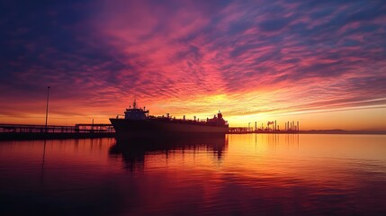 Fototapeta premium Silhouetted LNG Tanker Against a Vibrant Sunset Sky, Reflecting Colors on Tranquil Water Surface at Twilight in a Serene Coastal Setting