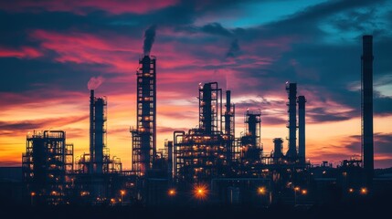 Silhouetted Petrochemical Plant at Sunset