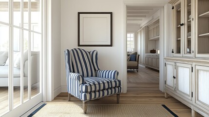 Cozy Living Room with Striped Armchair and Modern Interior Design
