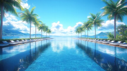 Serene Tropical Infinity Pool with Palm Trees and Ocean View