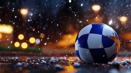 Fototapeta premium Solitary Soccer Ball Under Night Snow